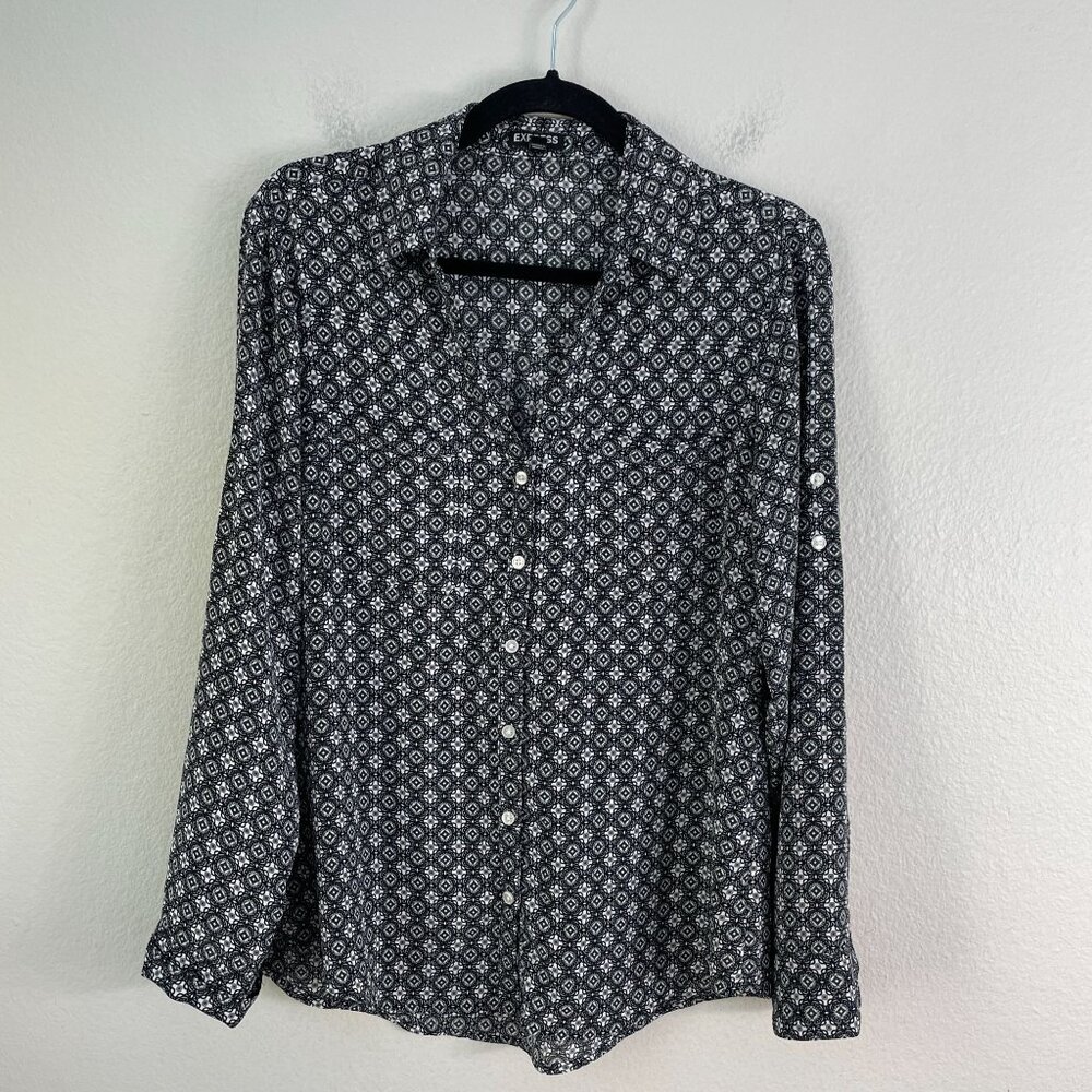 Express Womens Medium Black White Button Up Roll Tab‎ Sleeve Shirt Blouse